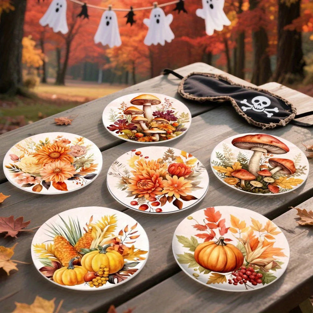 Autumn Pumpkin Leaf Wooden Coaster Set of 6, 10 cm Printed Fall Drink Mats for Coffee Tables, Tea Cups and Seasonal Decor