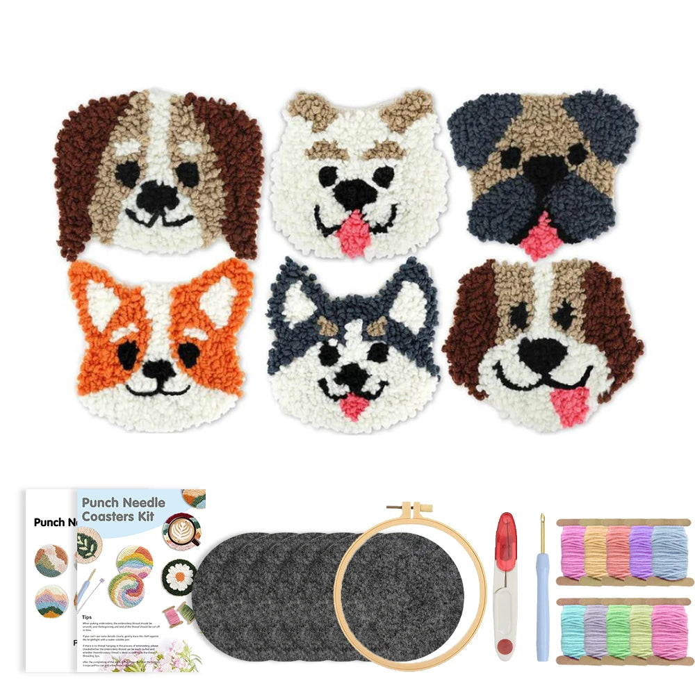 Cute Dog Punch Needle Coaster Craft Kit for Beginners Handmade Animal Mug Rugs and Gifts
