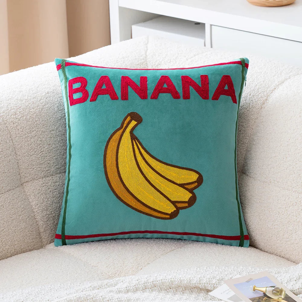 Sunny Market Fruit Embroidered Pillow Cover – 45 × 45 cm