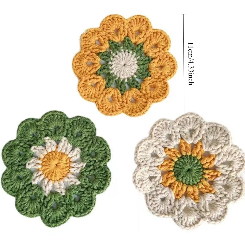 Crochet Flower Drink Coaster Set of 3 for Coffee Tables Soft Floral Kitchen Decor and Gifts