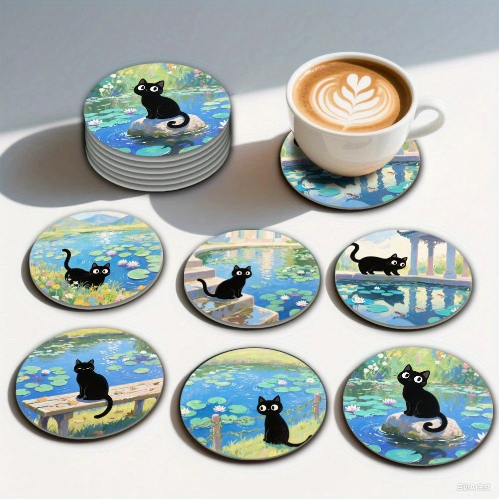 Black Cat and Lotus Wooden Drink Coaster Set for Coffee Tables Kitchen Decor and Cat Lover Gifts