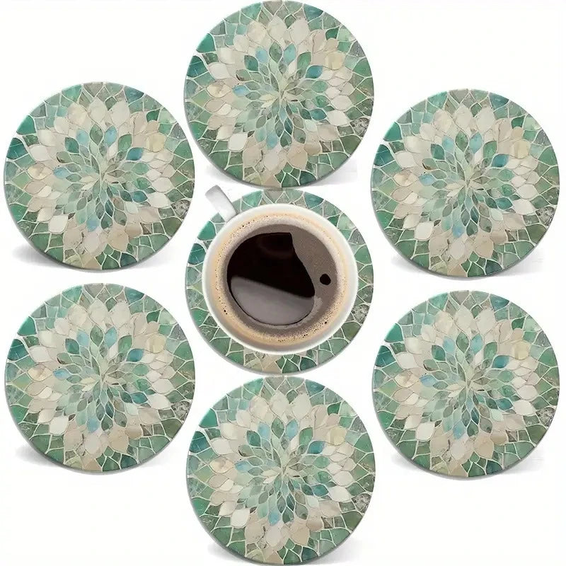 Green Gradient Leaf Wooden Coaster Set of 6, 10 cm Printed Botanical Drink Mats for Coffee Tables, Tea Cups and Everyday Home Decor