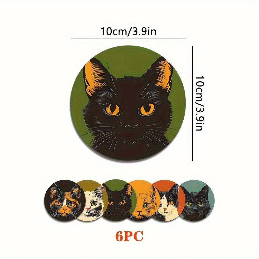 Cat Pattern Wooden Drink Coaster Set of 6, Round Printed Cup Mats for Coffee Tables, Desks and Cat-Lover Gifts
