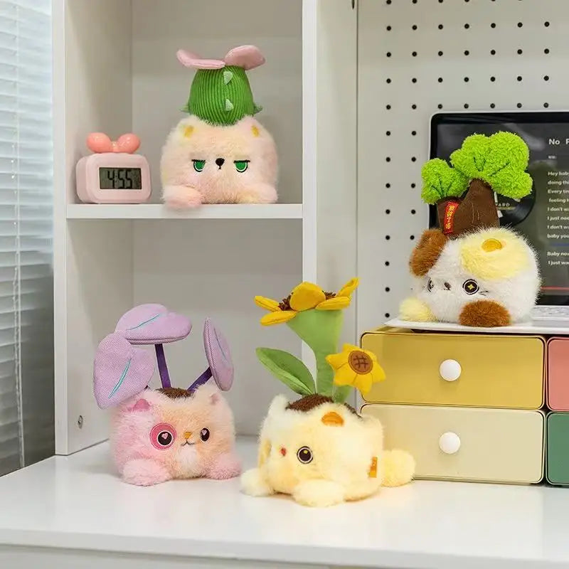 “17cm Cactus Kitty Plush - Pink Cat with Blooming Cactus Flower, Soft Stuffed Animal Toy with Healing Charm for Kids & Adults”