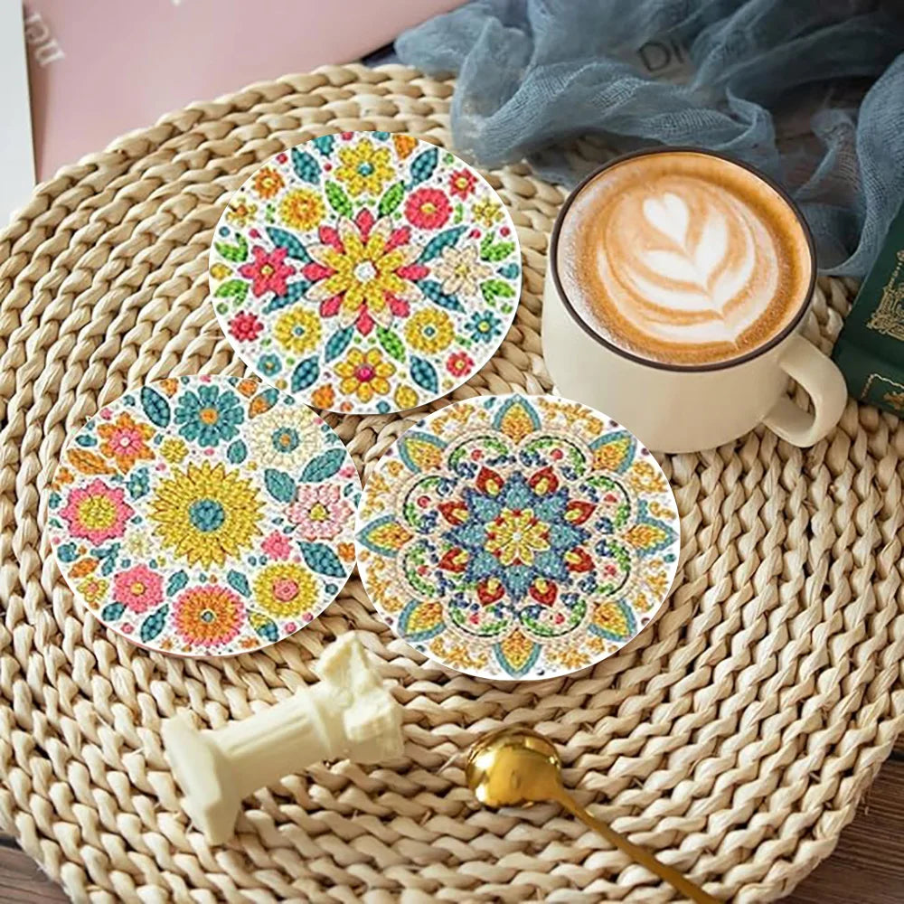 Flower Wreath Diamond Painting Coaster Kit, Set of 8 DIY Acrylic Drink Coasters with Metal Holder for Creative Evenings