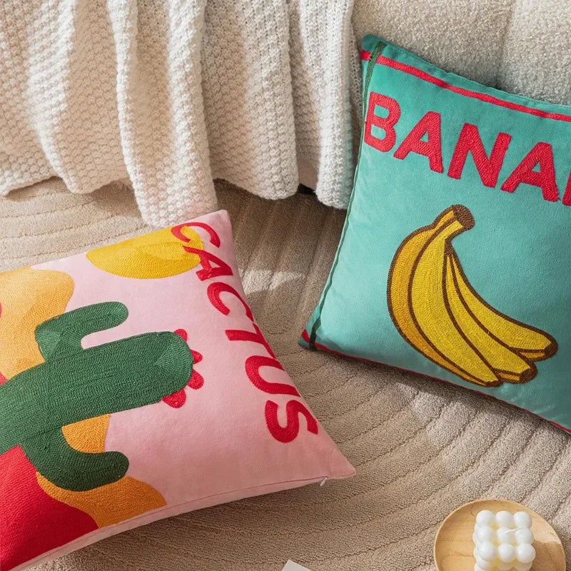 Sunny Market Fruit Embroidered Pillow Cover – 45 × 45 cm