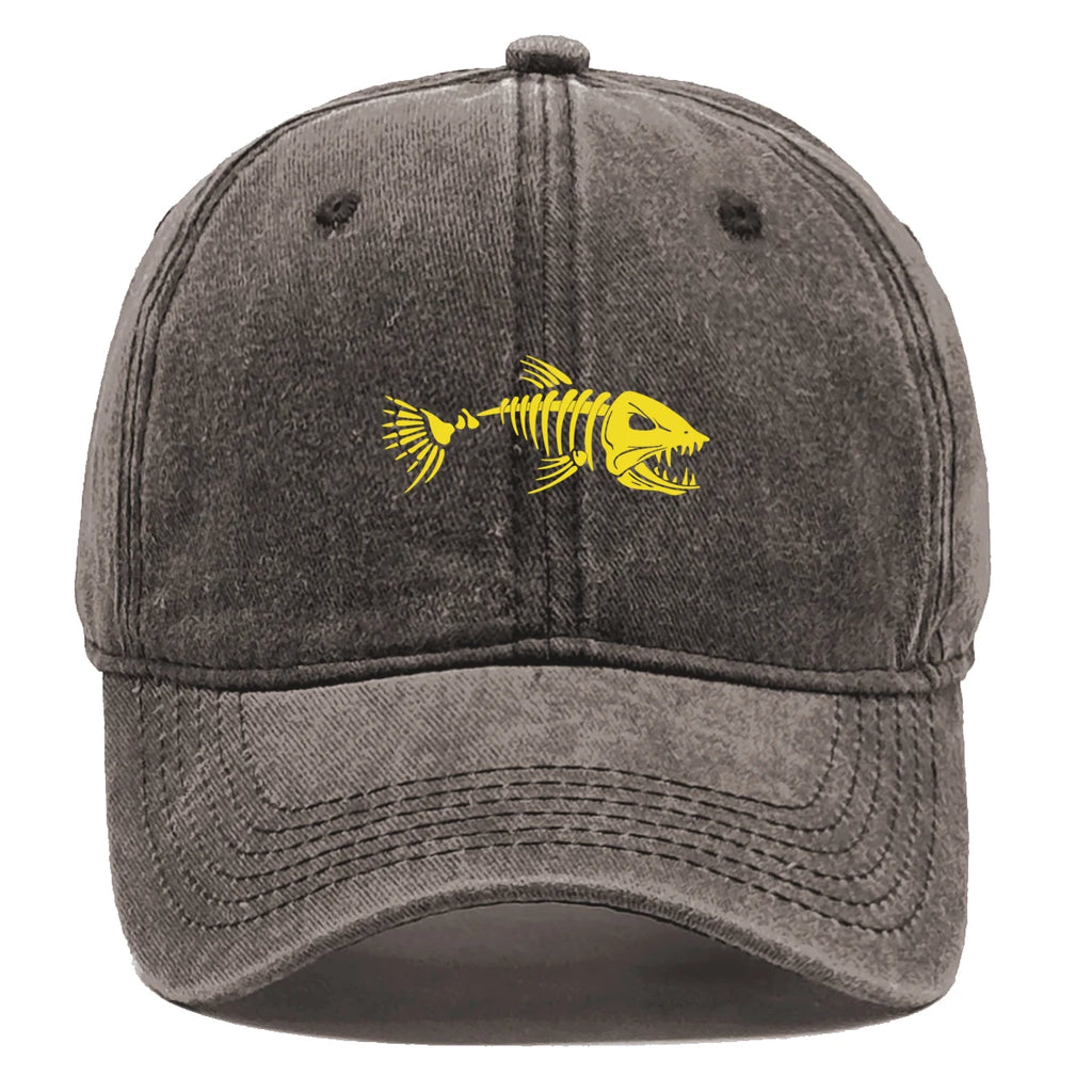 Vintage Washed Fish Skeleton Baseball Cap | Distressed Unisex Snapback Trucker Hat