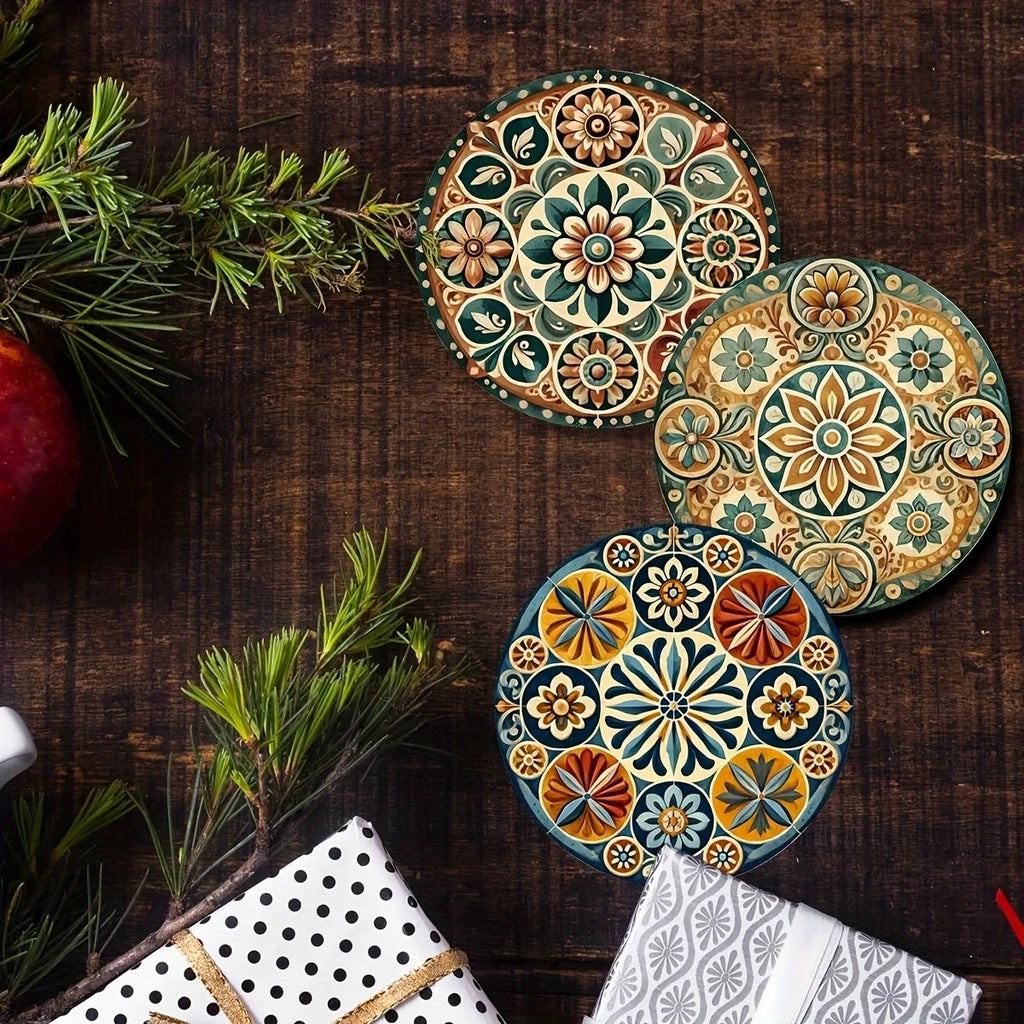 Moroccan Mandorla Wooden Coaster Set of 8, Botanical-Inspired Round Cup Mats for Coffee Tables and Everyday Dining