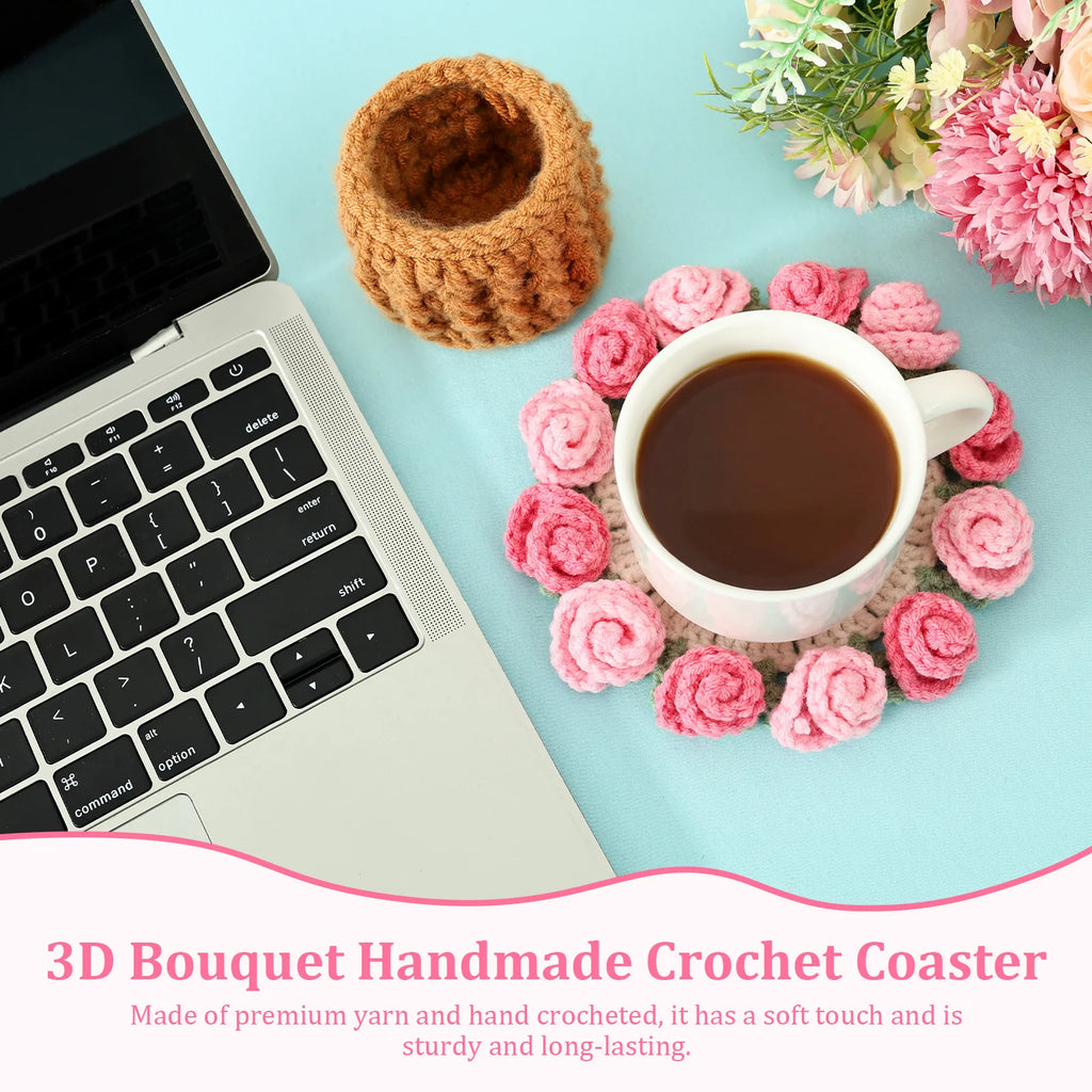 Crochet Rose Bouquet Drink Coasters for Coffee Tables Handmade Style Floral Home Decor