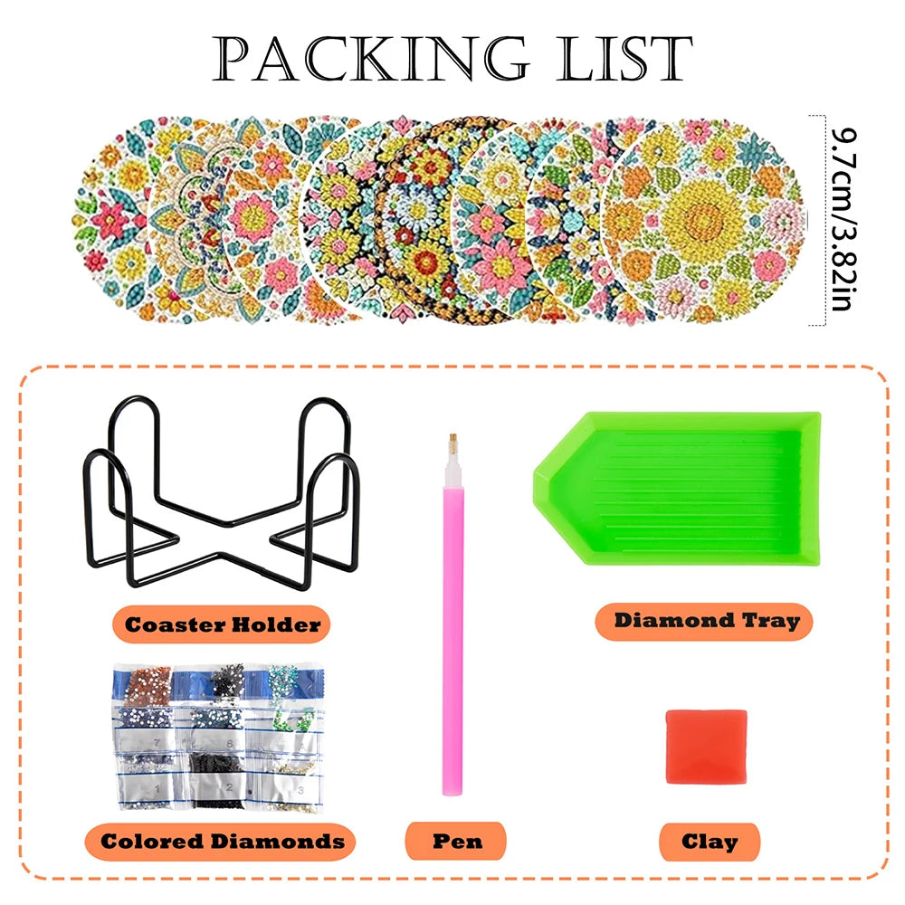 Flower Wreath Diamond Painting Coaster Kit, Set of 8 DIY Acrylic Drink Coasters with Metal Holder for Creative Evenings
