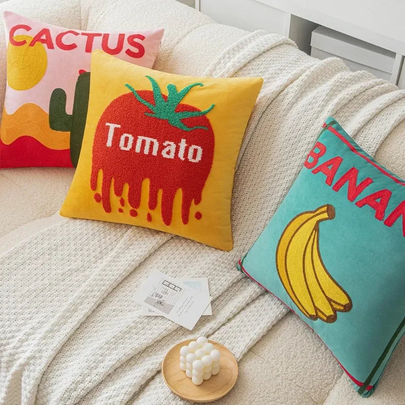 Sunny Market Fruit Embroidered Pillow Cover – 45 × 45 cm