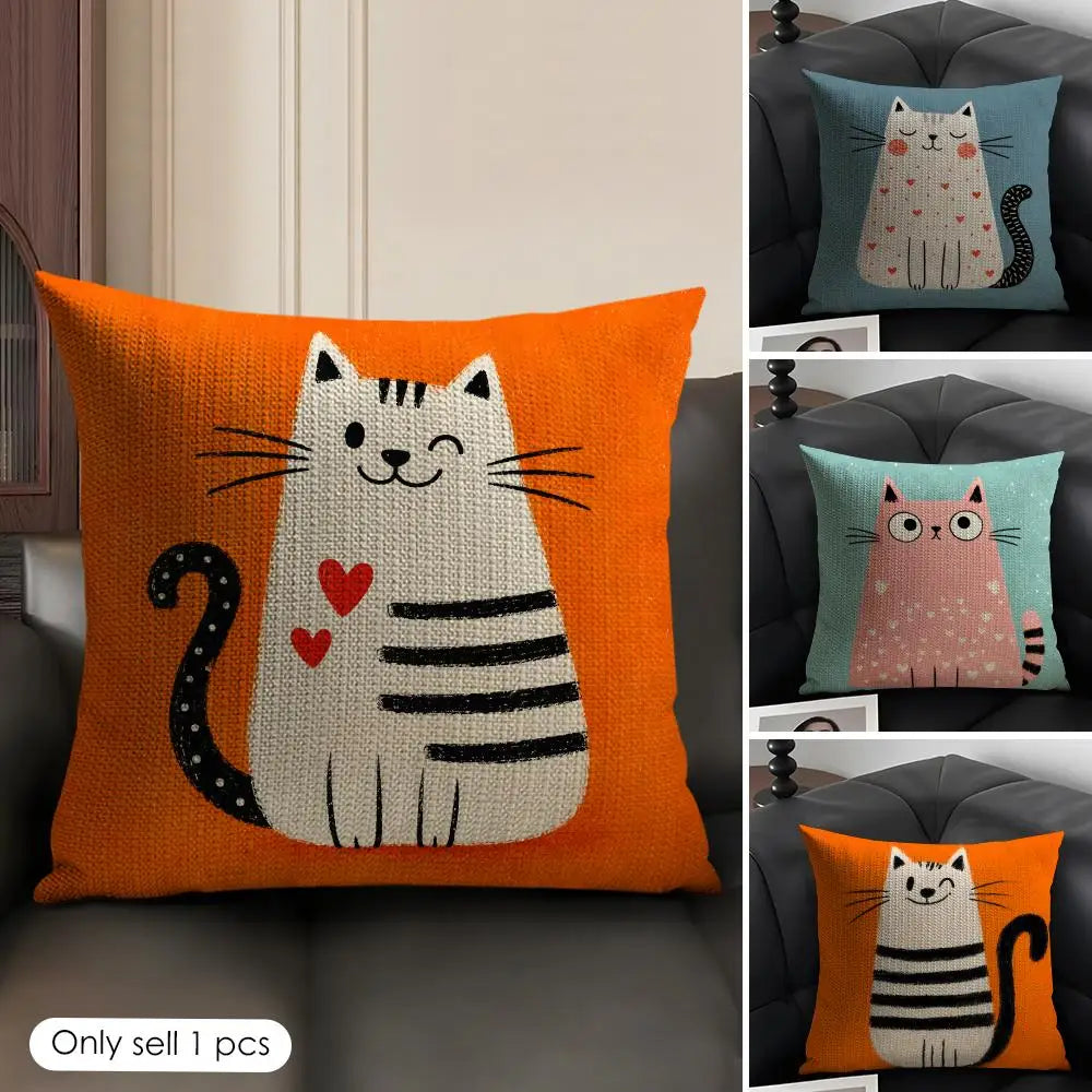 Cartoon Cute Cat Cushion Cover Natural Linen Organic Fabric Double Sided Print Sofa Pillow Case Home Decor Gift