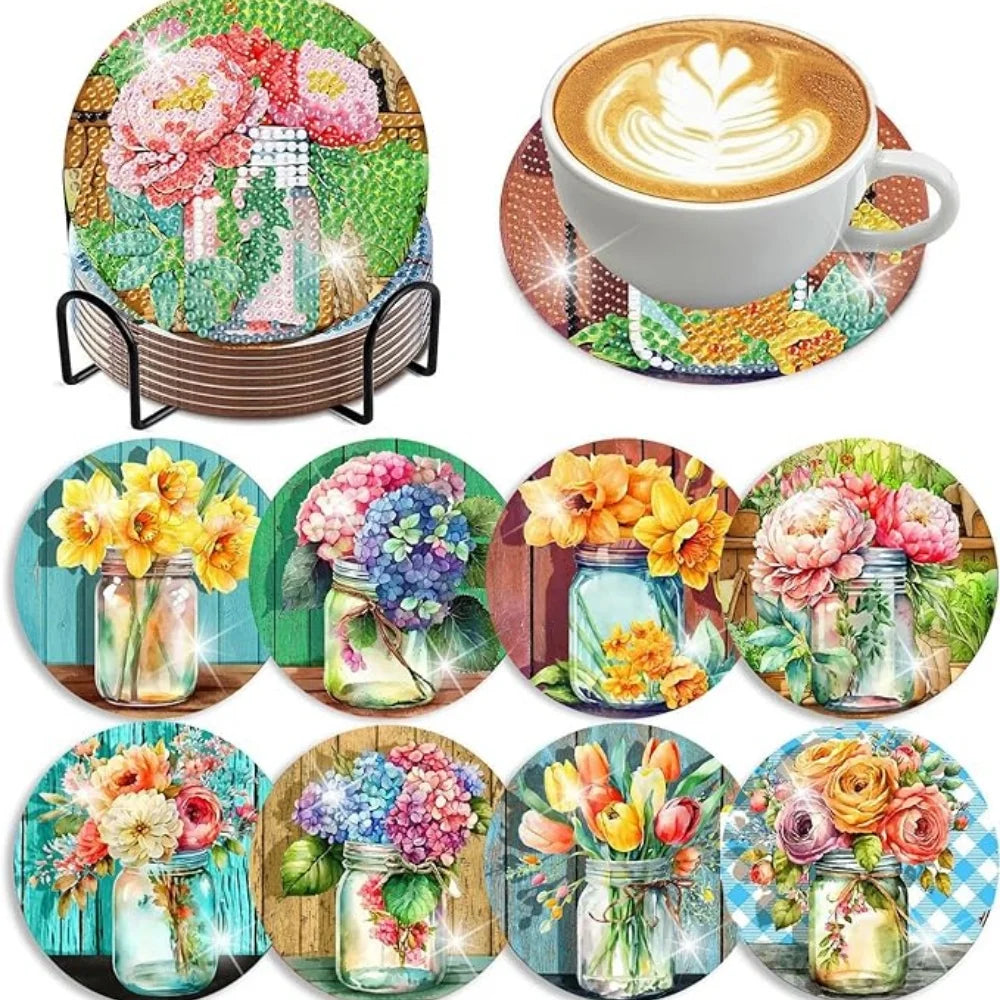 Floral Diamond Painting Coaster Set of 8 with Holder DIY Craft Kit for Creative Table Decor and Gifts