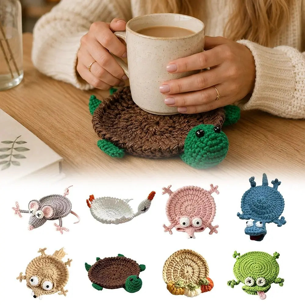 Handmade Crochet Animal Coaster, Cotton Cup Mat for Coffee Tables, Cute Frog Duck Turtle and Woodland Animal Desk Decor