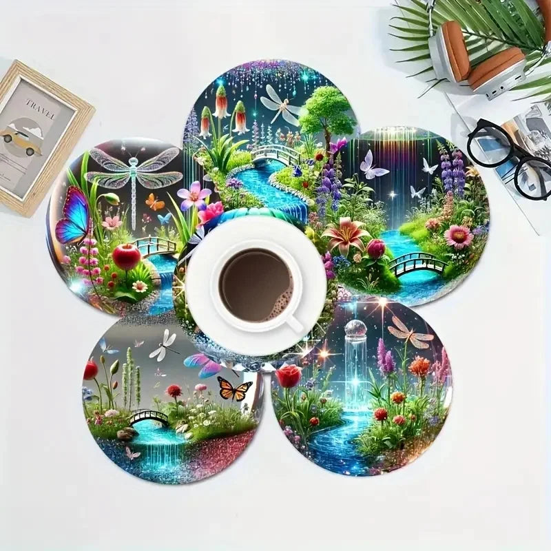 Dreamy Landscape Wooden Coaster Set of 6, 10 cm Printed Scenic Drink Mats for Coffee Tables, Tea Cups and Quiet Home Decor