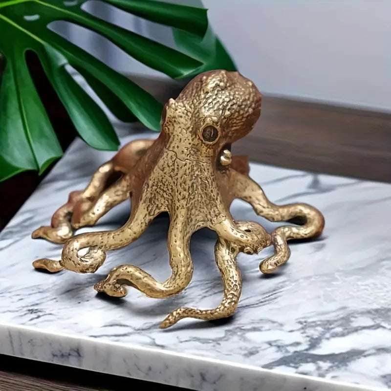 Vintage Octopus Desk Figurine, Brass-Tone Miniature Sea Life Sculpture for Bookshelves, Home Office and Tabletop Decor