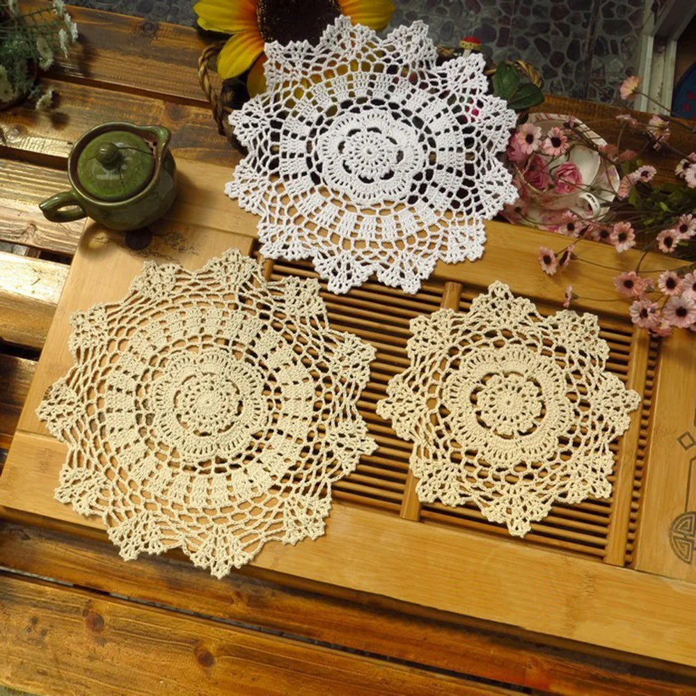 Hand Crocheted Cotton Lace Table Mat | Vintage Round Doily in Beige or White for Coffee Cups and Dining Decor