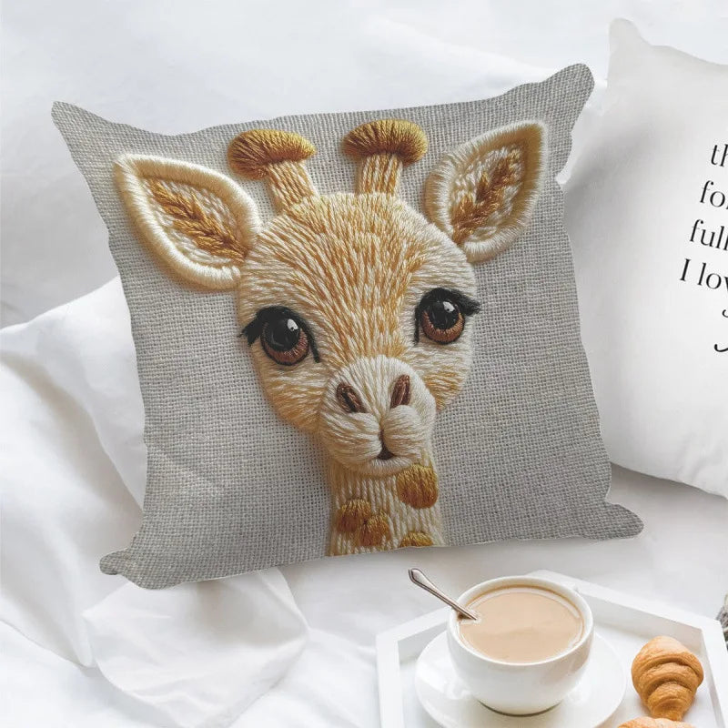 Storybook Animal Stitch-Effect Printed Pillow Cover