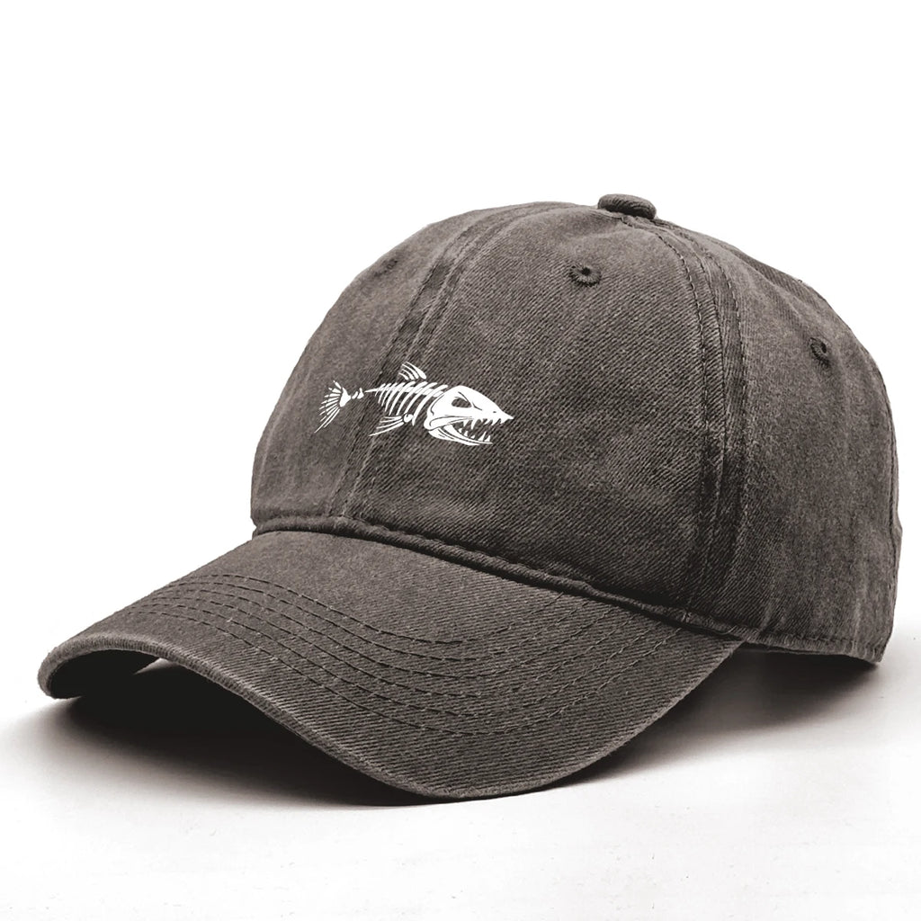 Vintage Washed Fish Skeleton Baseball Cap | Distressed Unisex Snapback Trucker Hat
