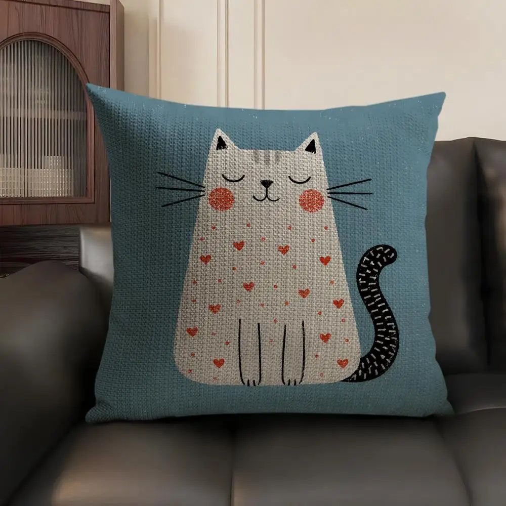 Cartoon Cute Cat Cushion Cover Natural Linen Organic Fabric Double Sided Print Sofa Pillow Case Home Decor Gift