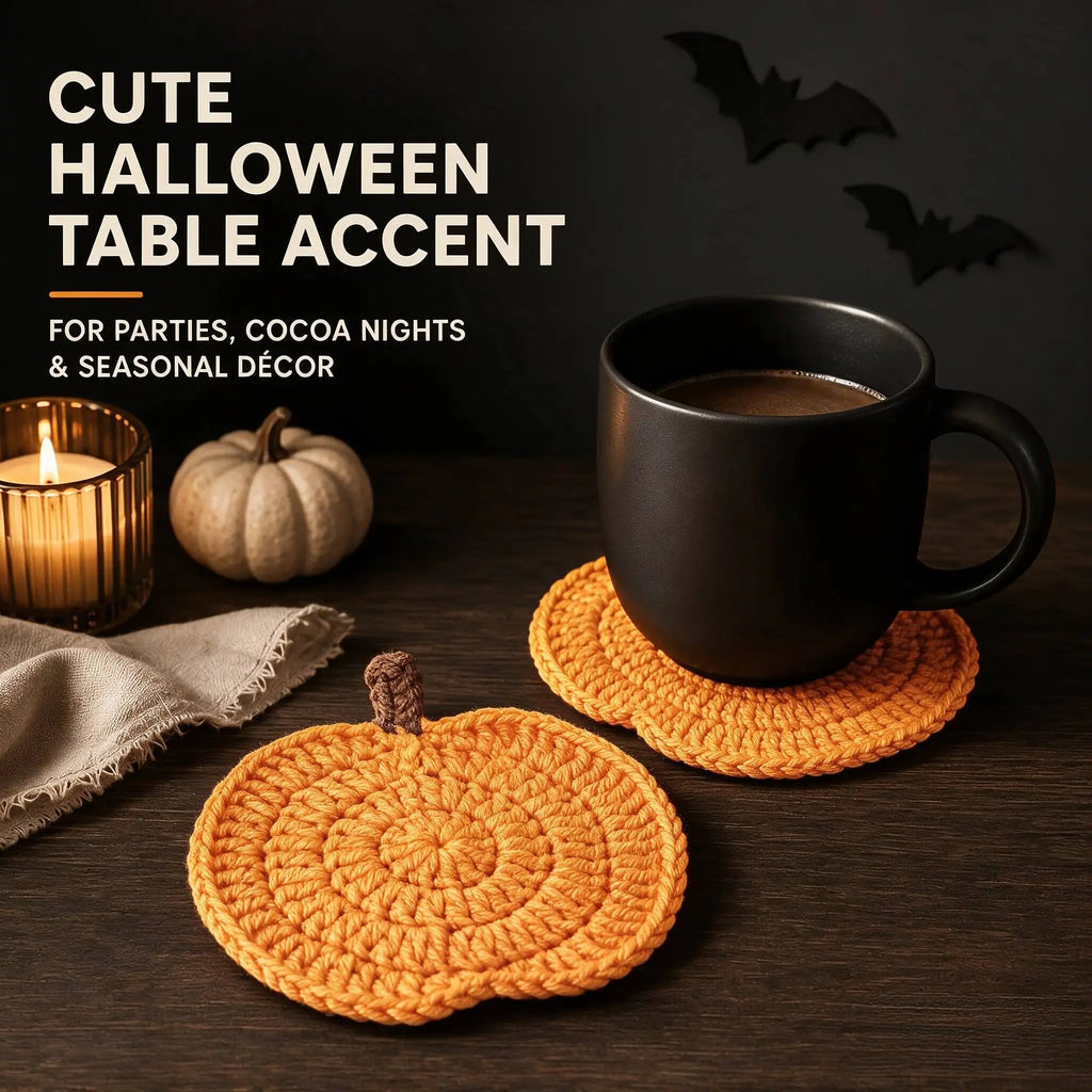 Hand-Knitted Pumpkin Drink Coasters, Set of 6 Autumn Cup Mats for Cozy Coffee Tables and Harvest Gatherings