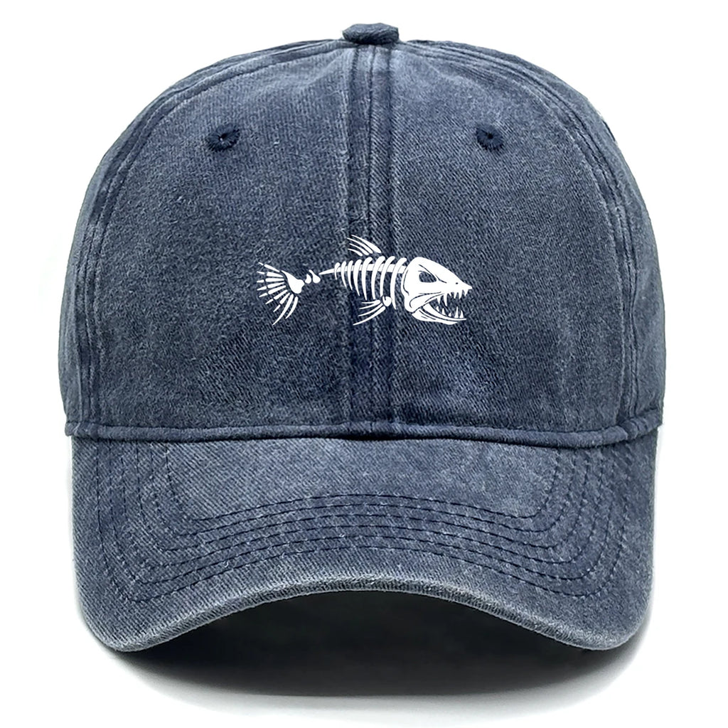 Vintage Washed Fish Skeleton Baseball Cap | Distressed Unisex Snapback Trucker Hat