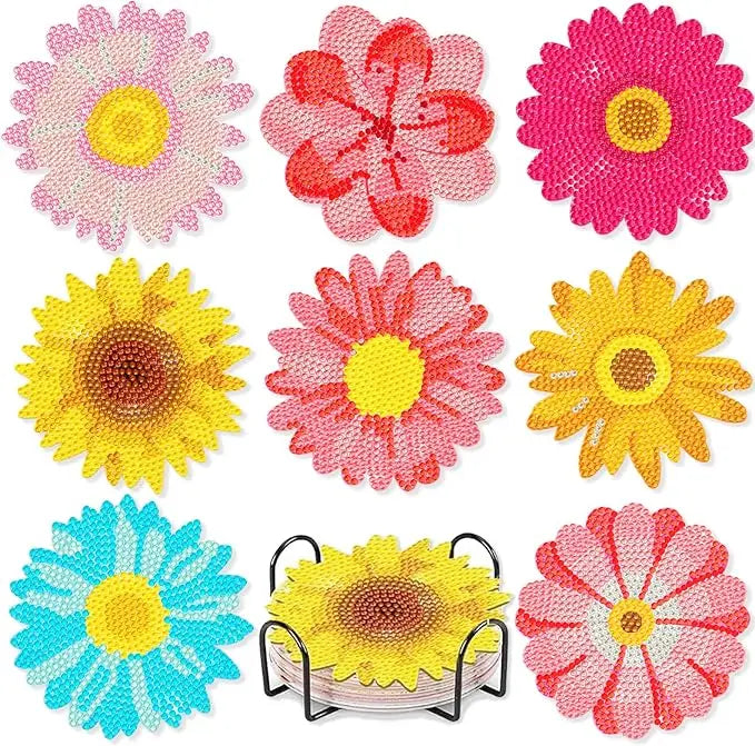 Floral Diamond Painting Coaster Set of 8 with Holder DIY Craft Kit for Creative Table Decor and Gifts