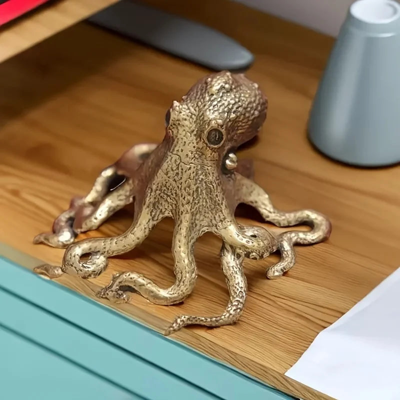 Vintage Octopus Desk Figurine, Brass-Tone Miniature Sea Life Sculpture for Bookshelves, Home Office and Tabletop Decor