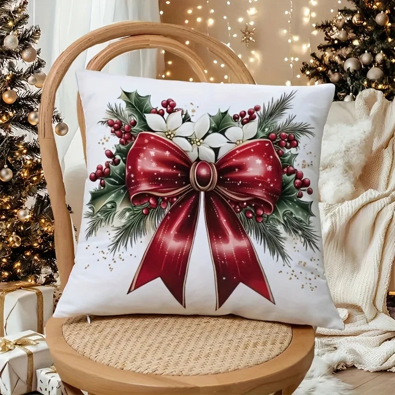 Christmas Wreath & Bow Pillow Cover – Double-Sided Holiday Sofa Cushion Case