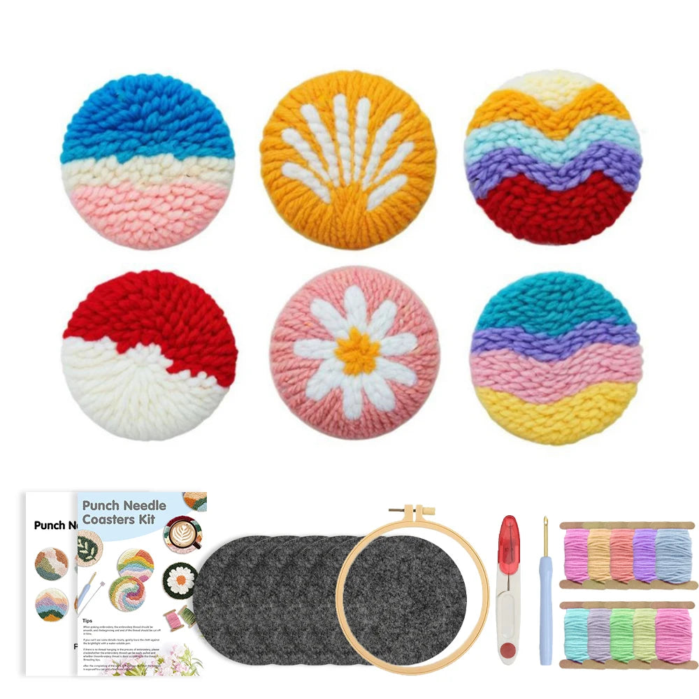 Flower Pattern Punch Needle Coaster Craft Kit for Beginners Tufted Mug Rugs and Creative Gifts