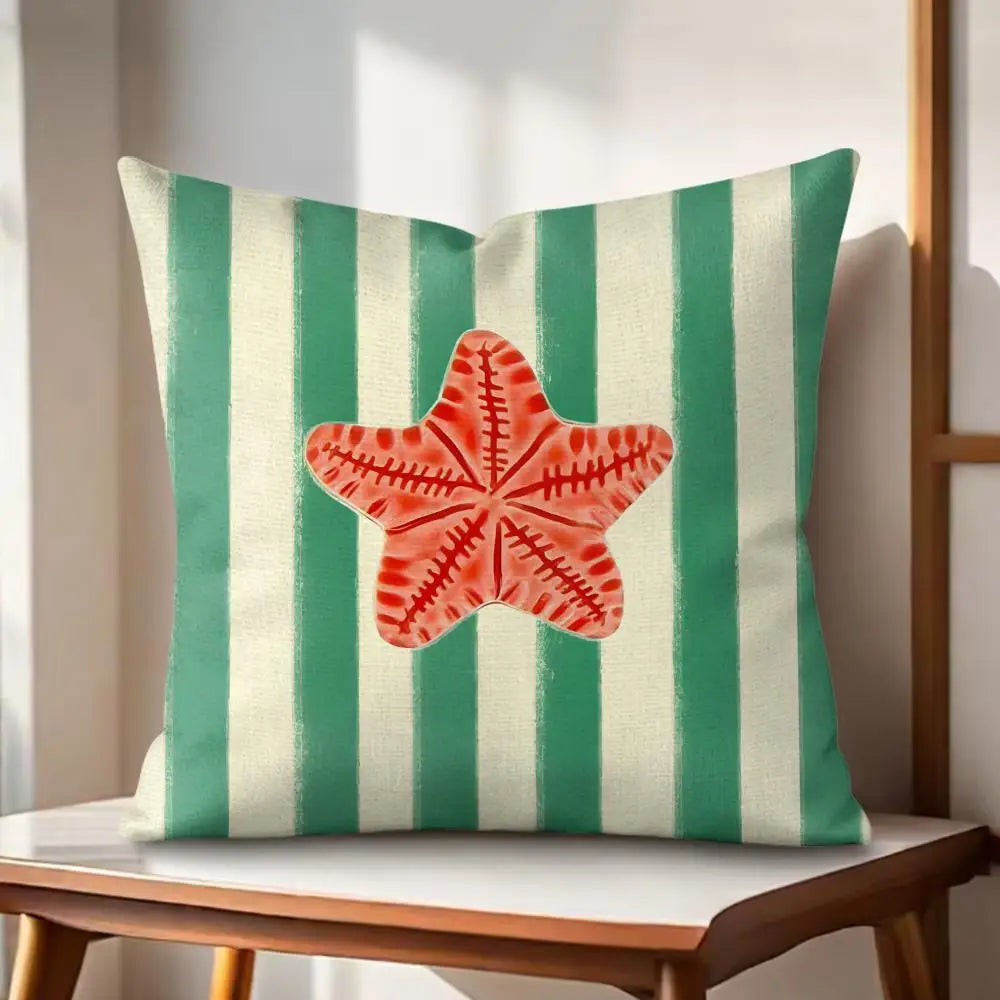 Ocean Life Theme Striped Cushion Cover Organic Linen Pillow Case Double-Sided Print Cushion Cover for Sofa Home Decor Gift