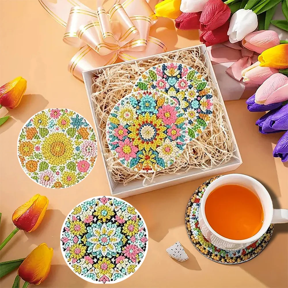 Flower Wreath Diamond Painting Coaster Kit, Set of 8 DIY Acrylic Drink Coasters with Metal Holder for Creative Evenings