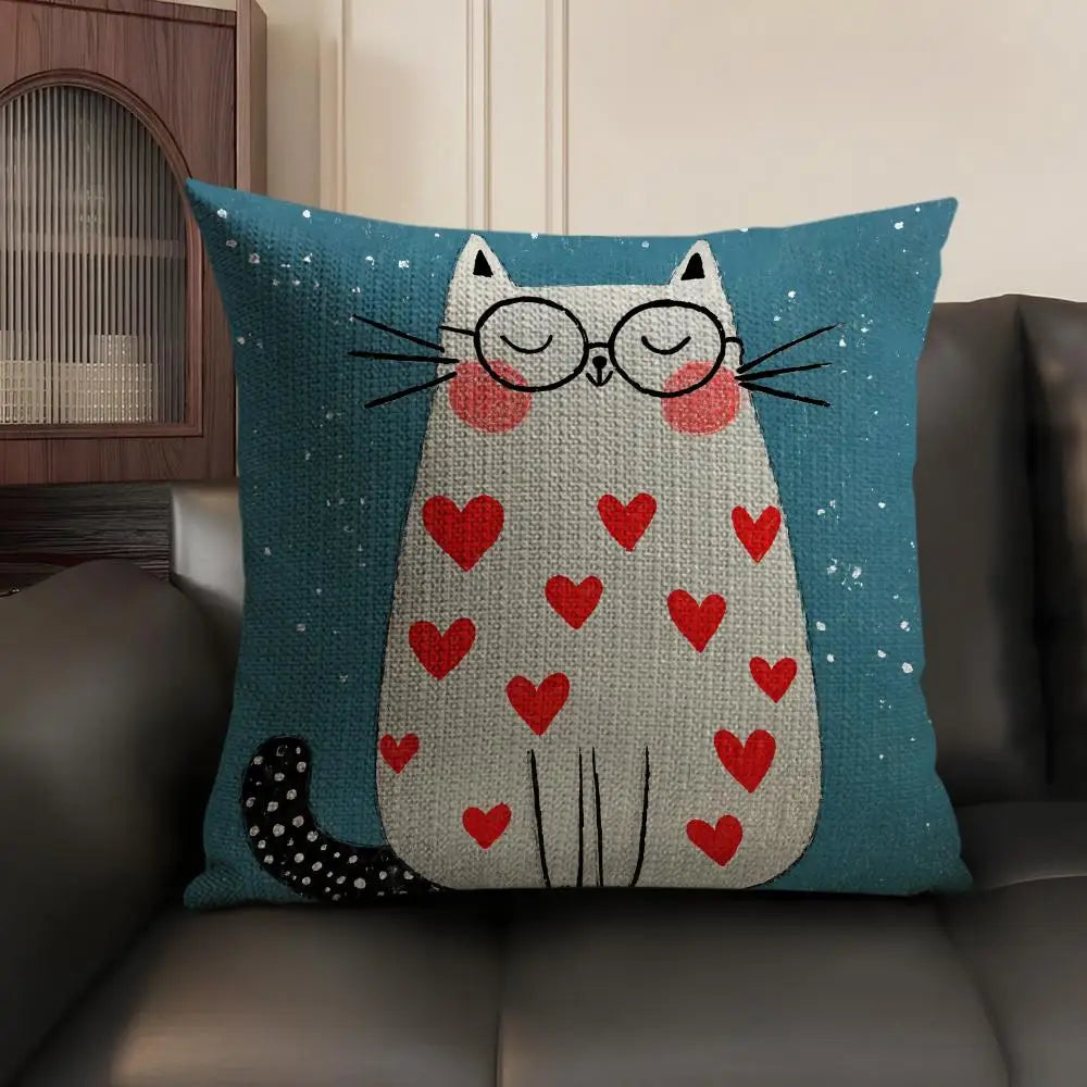 Cartoon Cute Cat Cushion Cover Natural Linen Organic Fabric Double Sided Print Sofa Pillow Case Home Decor Gift
