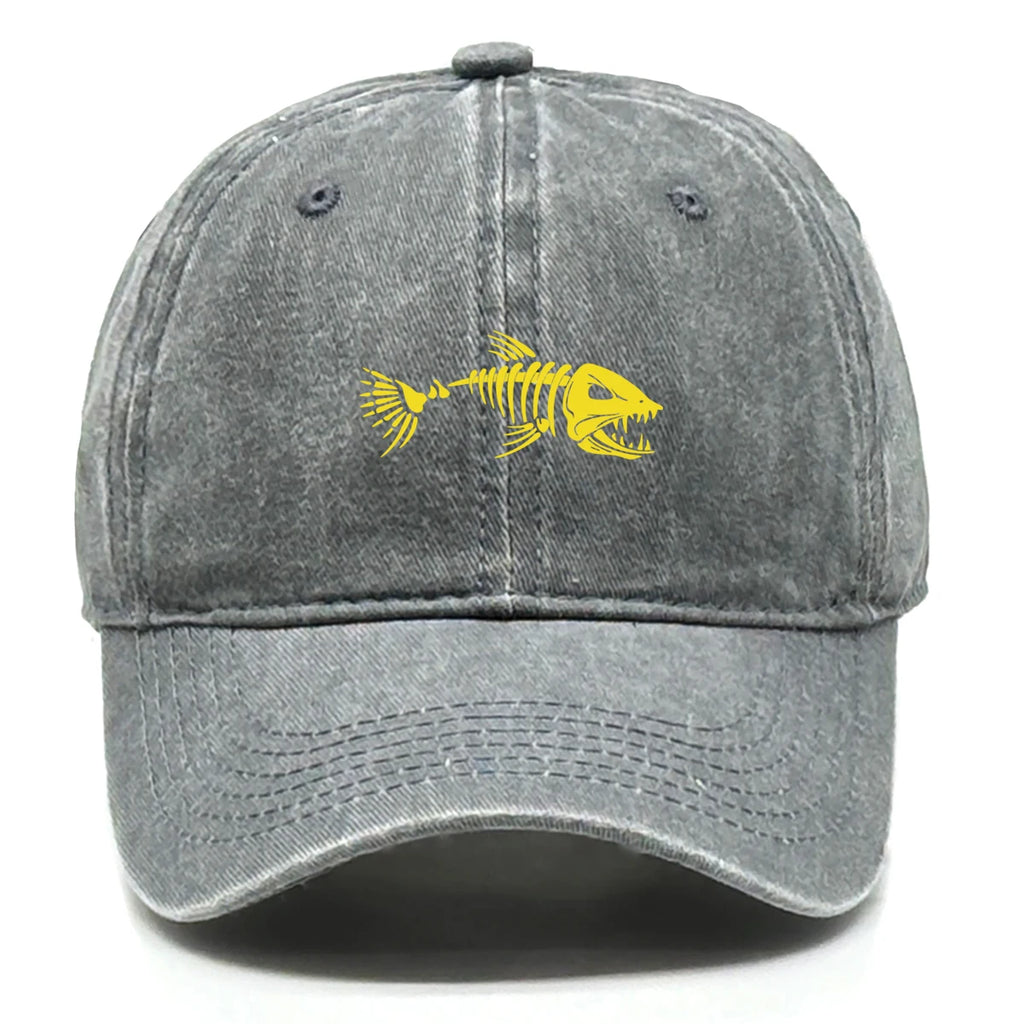 Vintage Washed Fish Skeleton Baseball Cap | Distressed Unisex Snapback Trucker Hat