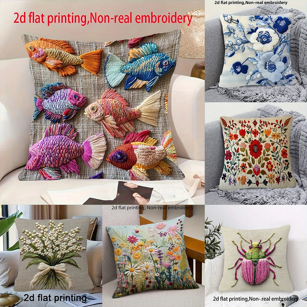 Botanical Stitch-Effect Printed Pillow Cover