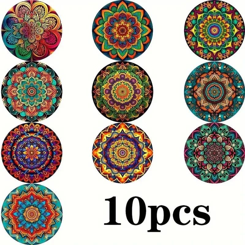 Iridescent Mandala Flower Wooden Drink Coaster Set of 10 for Boho Table Decor and Gifts