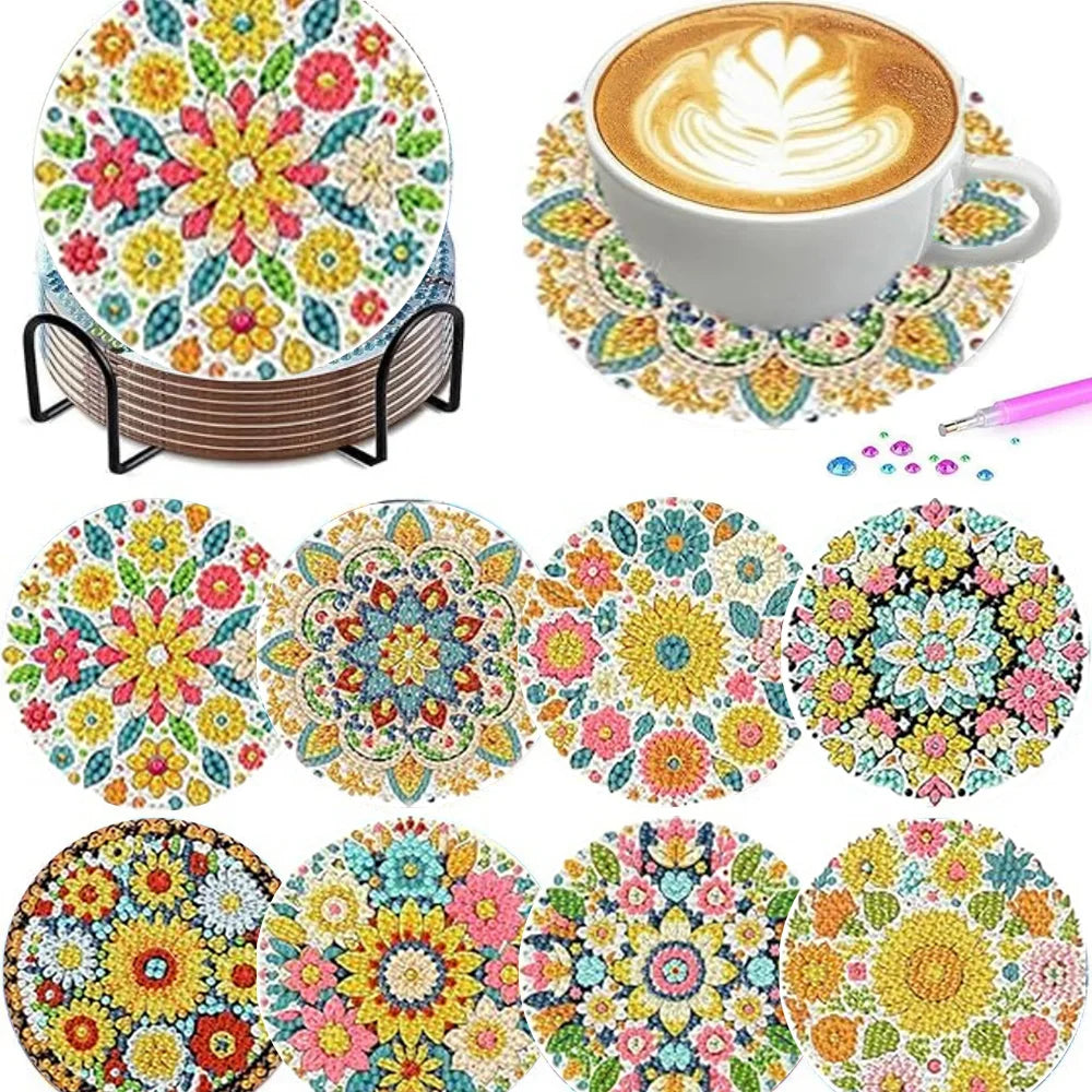 Flower Wreath Diamond Painting Coaster Kit, Set of 8 DIY Acrylic Drink Coasters with Metal Holder for Creative Evenings