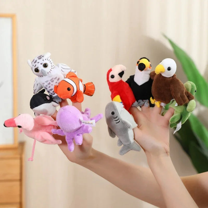 Cute Cartoon Animal Plush Hand Finger Puppet Toys Soft Mini Lifelike Parrot Peacock Shark Octopus Toys Funny Finger Game Props