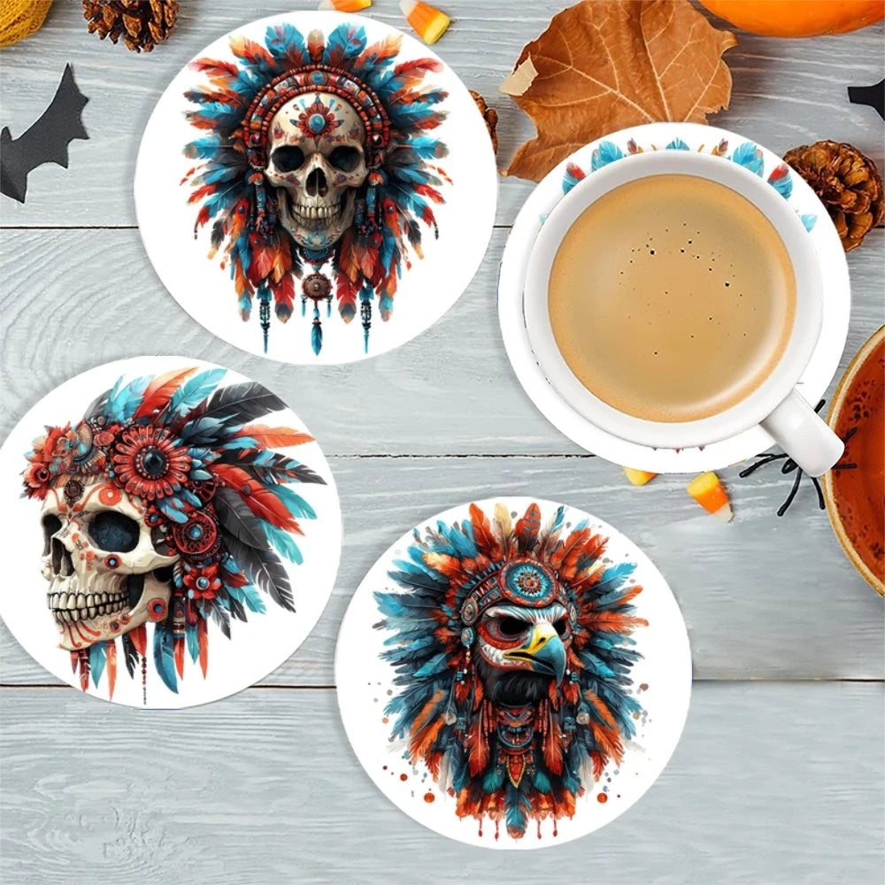 Floral Skull Wooden Drink Coasters, Set of 6 Printed 10 cm Cup Mats for Halloween Tables, Coffee Corners and Themed Gatherings