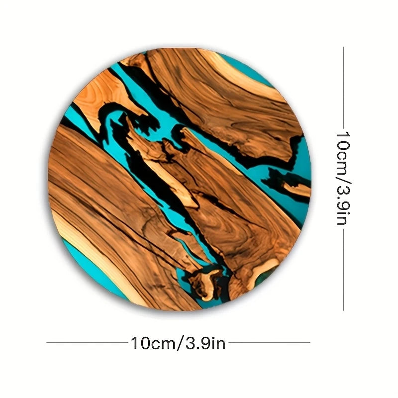 Blue and Green Printed Wooden Coaster Set of 6, 10 cm Drink Mats for Coffee Tables, Tea Cups and Calm Home Decor