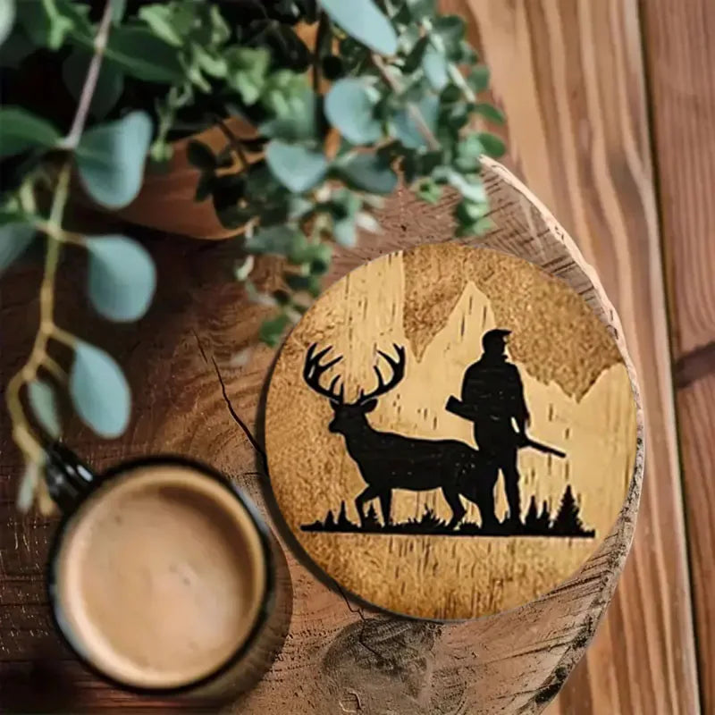 Deer Pattern Wooden Coaster Set of 6, Round Drink Cup Mats for Cozy Coffee Tables, Winter Hosting and Everyday Dining