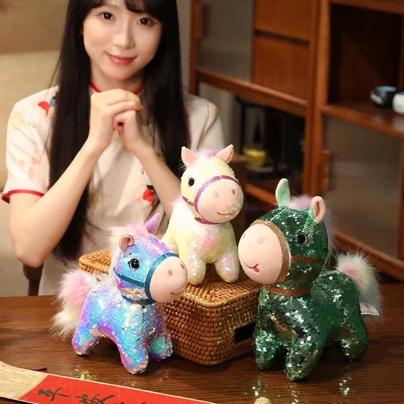 Sparkling Iridescent Glitter Horse Soft Plush Toy Calming Stress Relief Hug Pillow Cute Pendent Bag Home Decor Gift