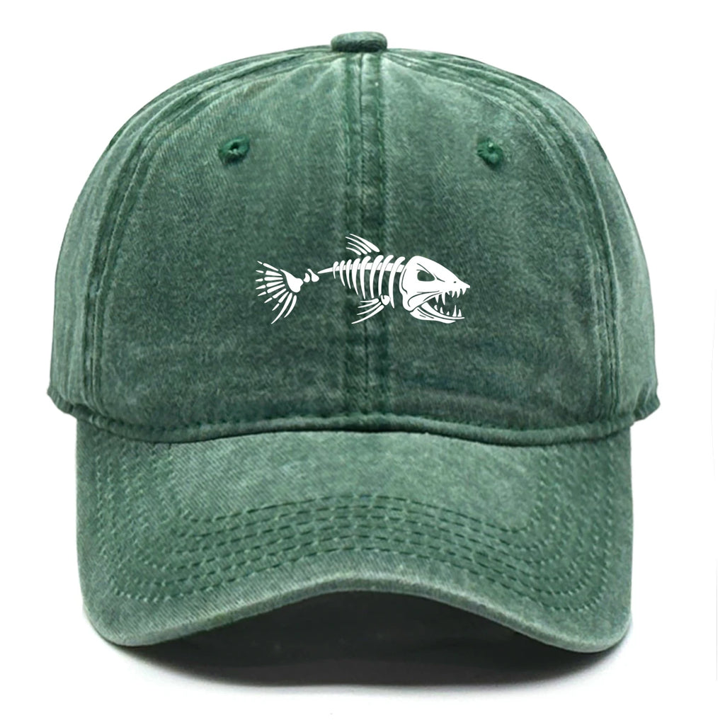 Vintage Washed Fish Skeleton Baseball Cap | Distressed Unisex Snapback Trucker Hat