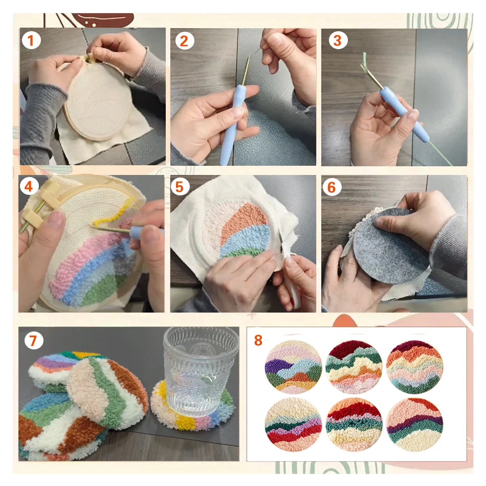 Cat Punch Needle Coaster Craft Kit for Beginners Handmade Animal Mug Rugs and Creative Gifts