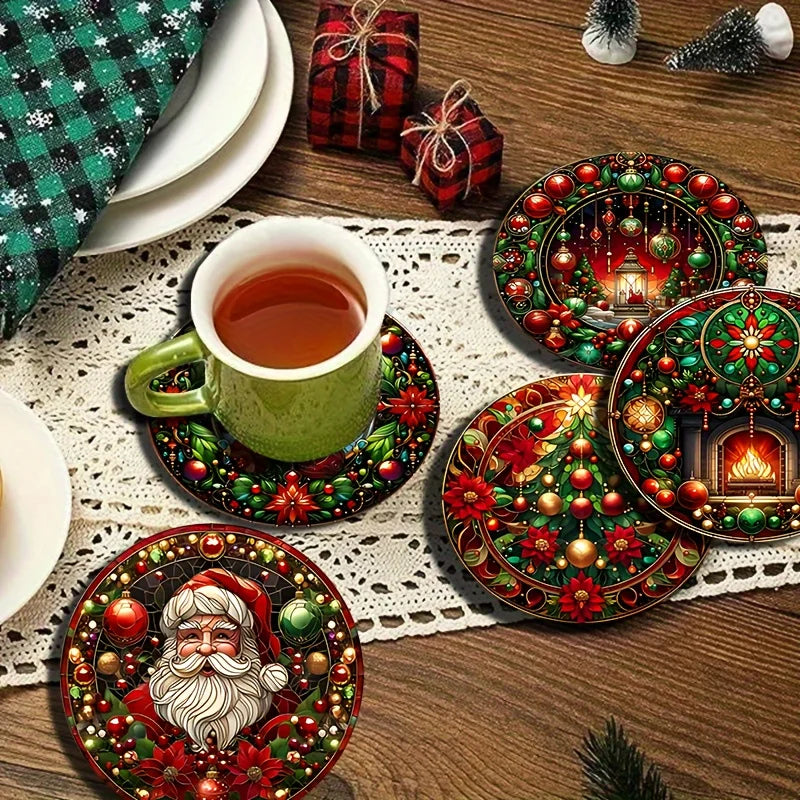 Christmas Pattern Wooden Coaster Set of 6, 10 cm Festive Drink Mats for Holiday Coffee Tables, Tea Cups and Home Gatherings