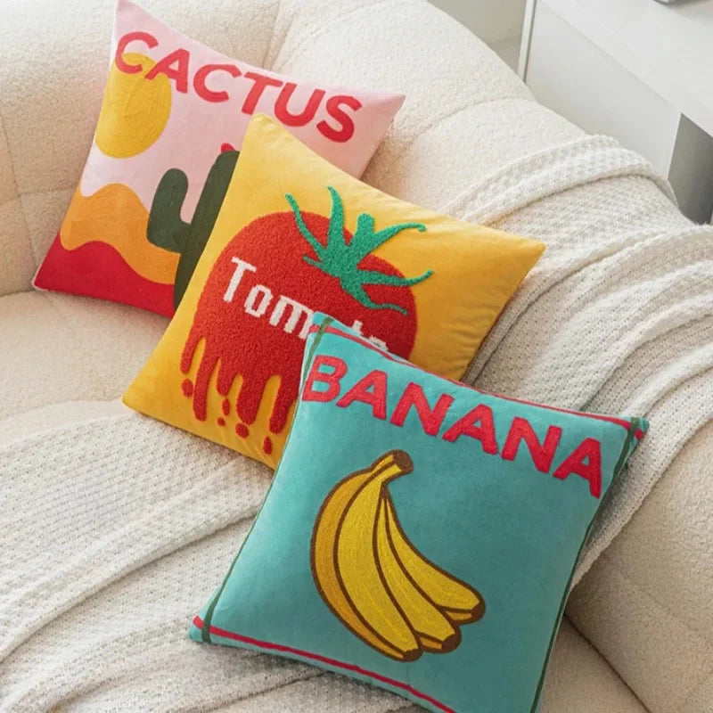 Sunny Market Fruit Embroidered Pillow Cover – 45 × 45 cm
