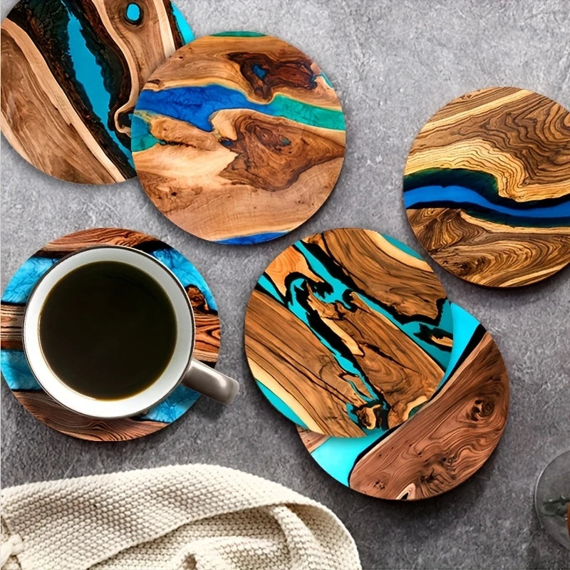 Blue and Green Printed Wooden Coaster Set of 6, 10 cm Drink Mats for Coffee Tables, Tea Cups and Calm Home Decor