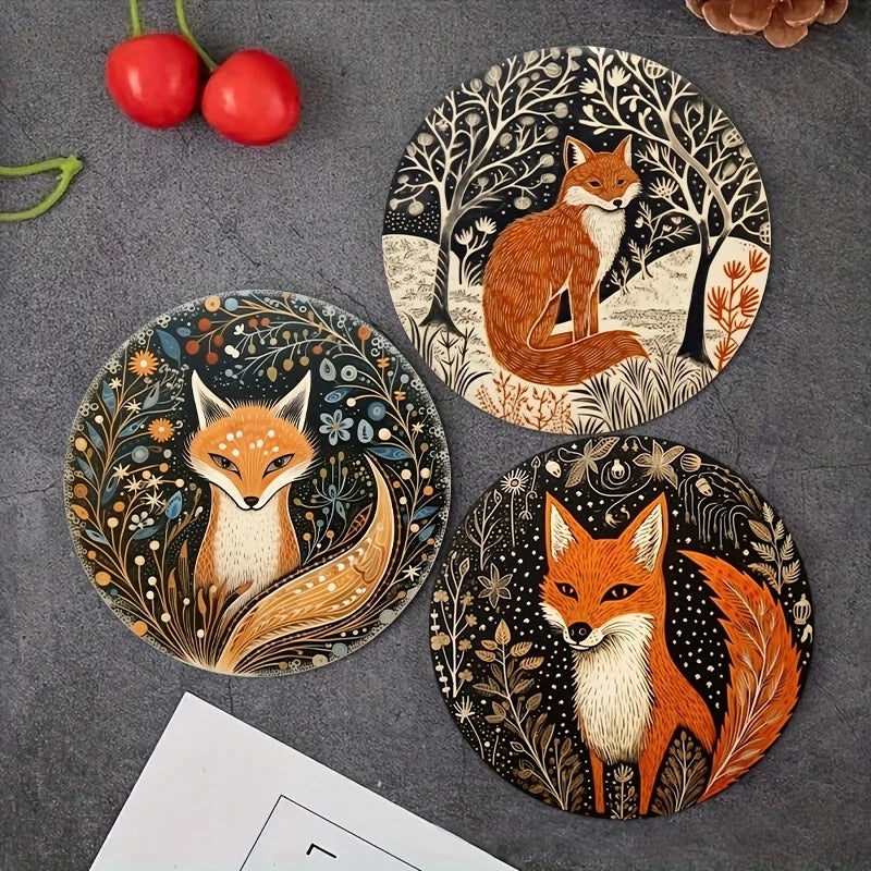 Colorful Fox Wooden Coaster Set of 8, 10 cm Printed Boho Drink Mats for Coffee Tables, Tea Cups and Playful Home Decor