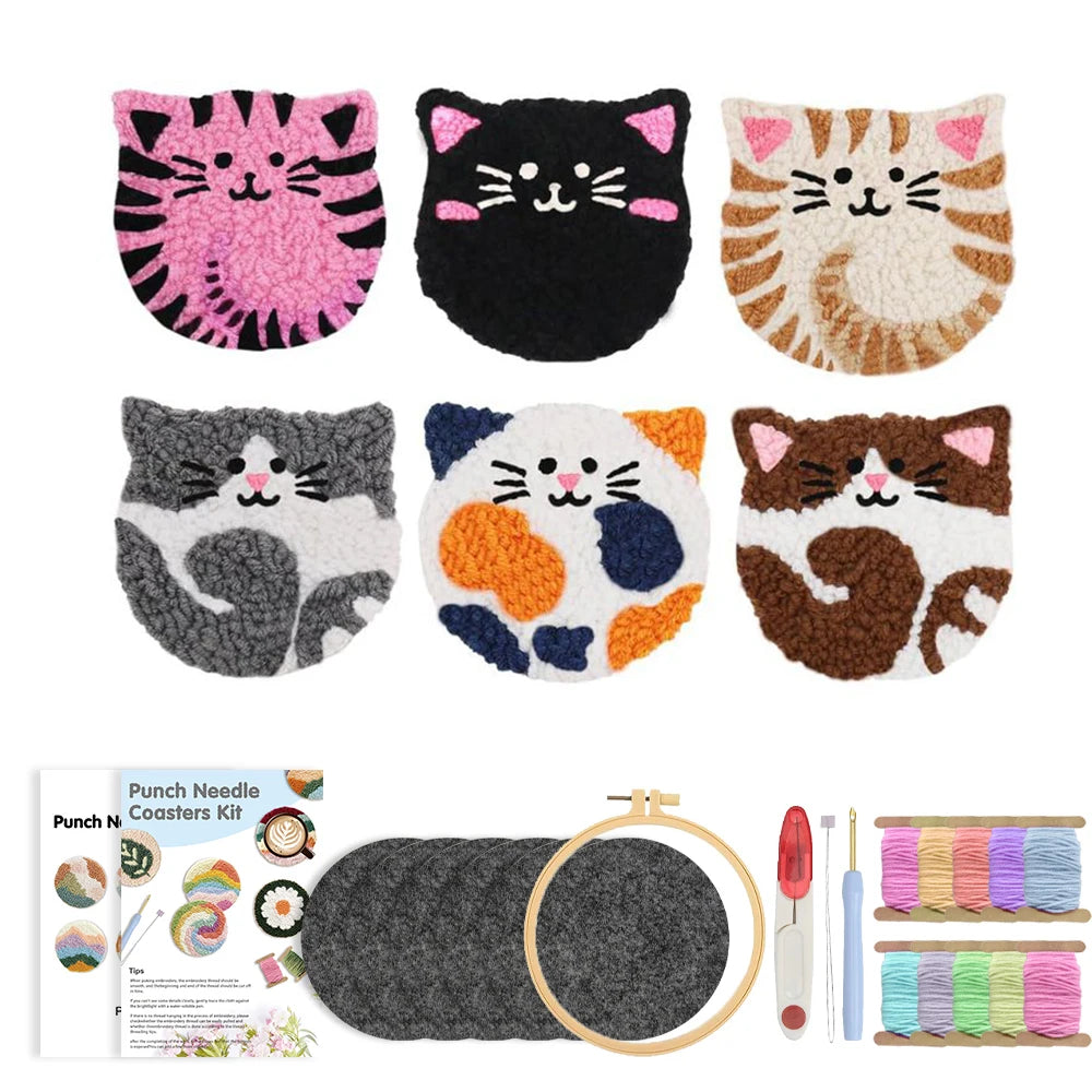 Cat Punch Needle Coaster Craft Kit for Beginners Handmade Animal Mug Rugs and Creative Gifts