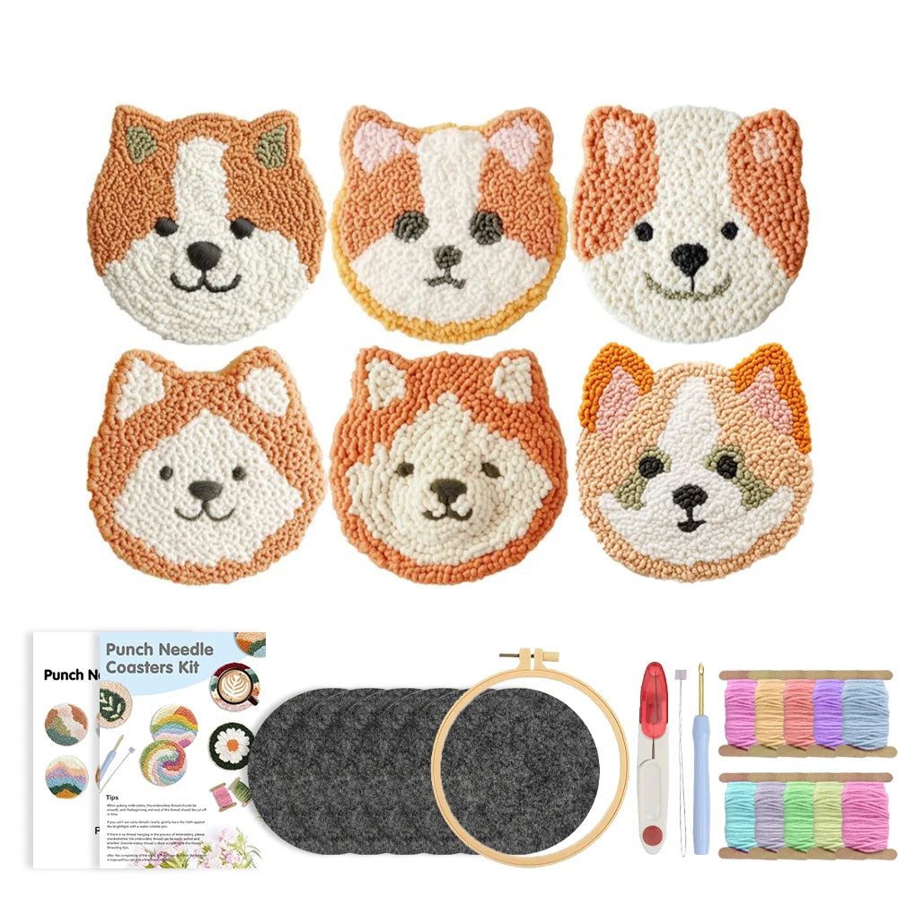Cute Dog Punch Needle Coaster Craft Kit for Beginners Handmade Animal Mug Rugs and Gifts